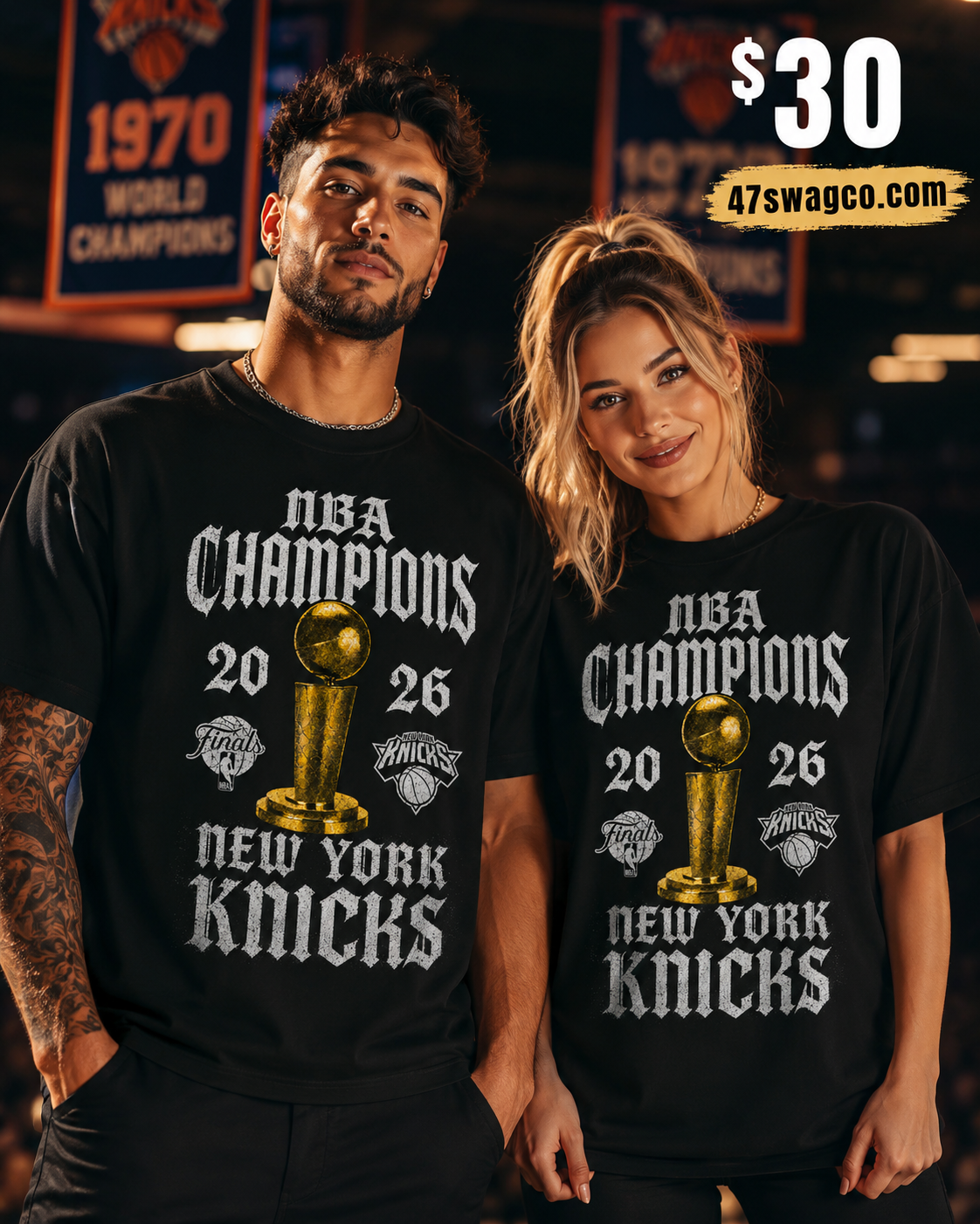 New York Knicks 2026 NBA Champions Black Heavyweight T-Shirt – Gold Trophy Championship Tee