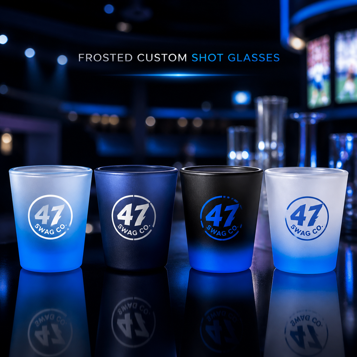 Frosted soft colored custom shot glasses branded by 47 Swag Co
