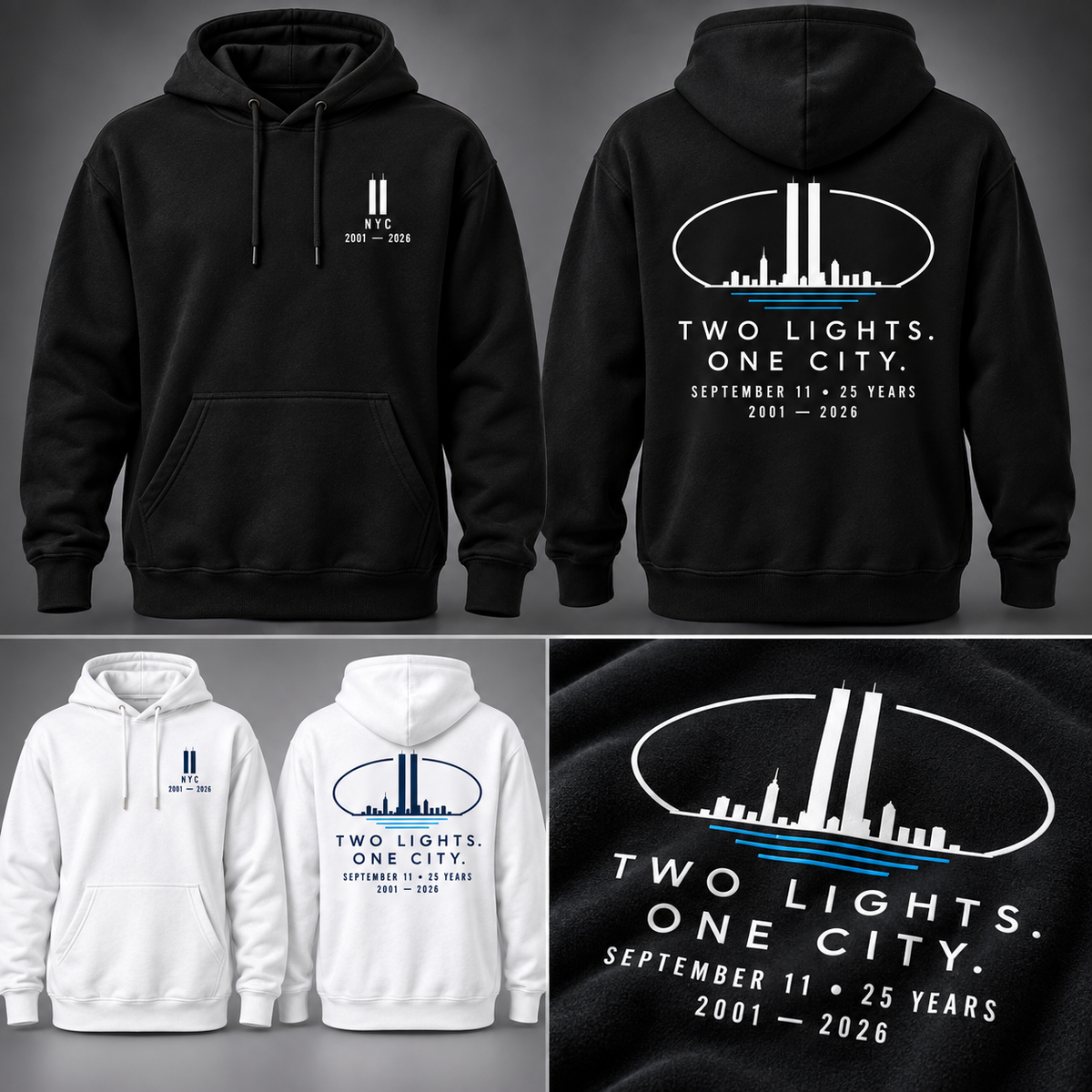 Two Lights. One City. memorial Hoodie — printed artwork detail