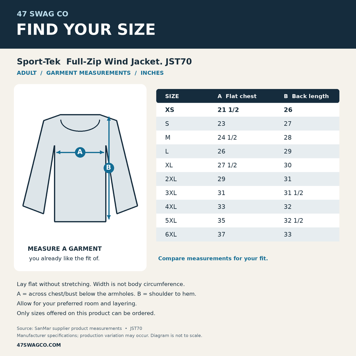 47 Swag Co JST70 garment size chart in inches with measurement diagram. Supplier specifications for this exact blank.
