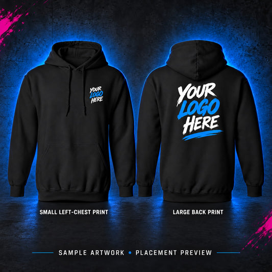 Front and rear black pullover hoodie mockups with small wearer-left-chest and large centered-back YOUR LOGO HERE sample artwork.