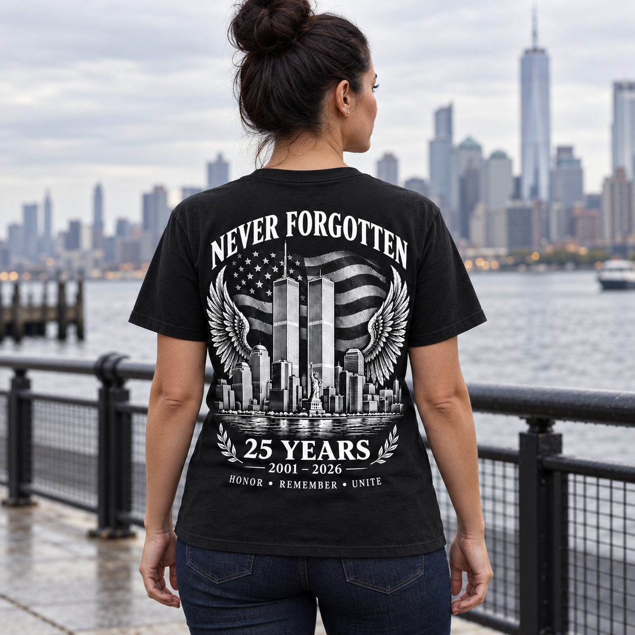 Female model wearing memorial tee back