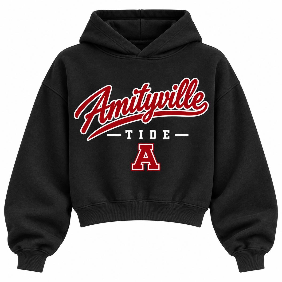 Amityville Tide black cropped hoodie with heritage school script and varsity monogram on front