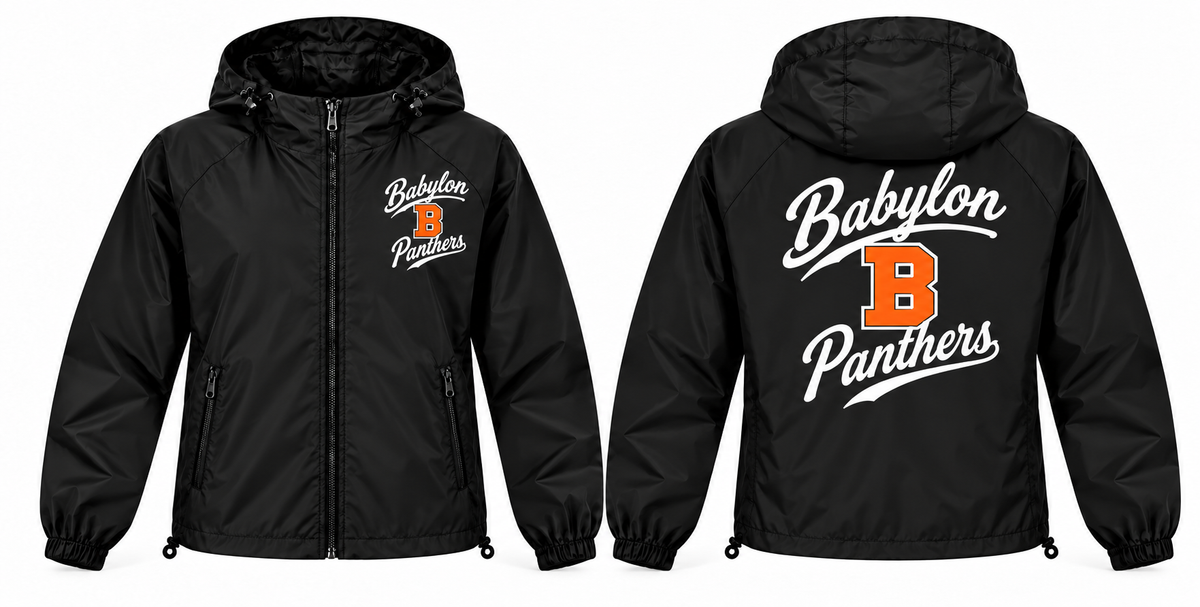 Babylon Panthers black full-zip windbreaker front and back
