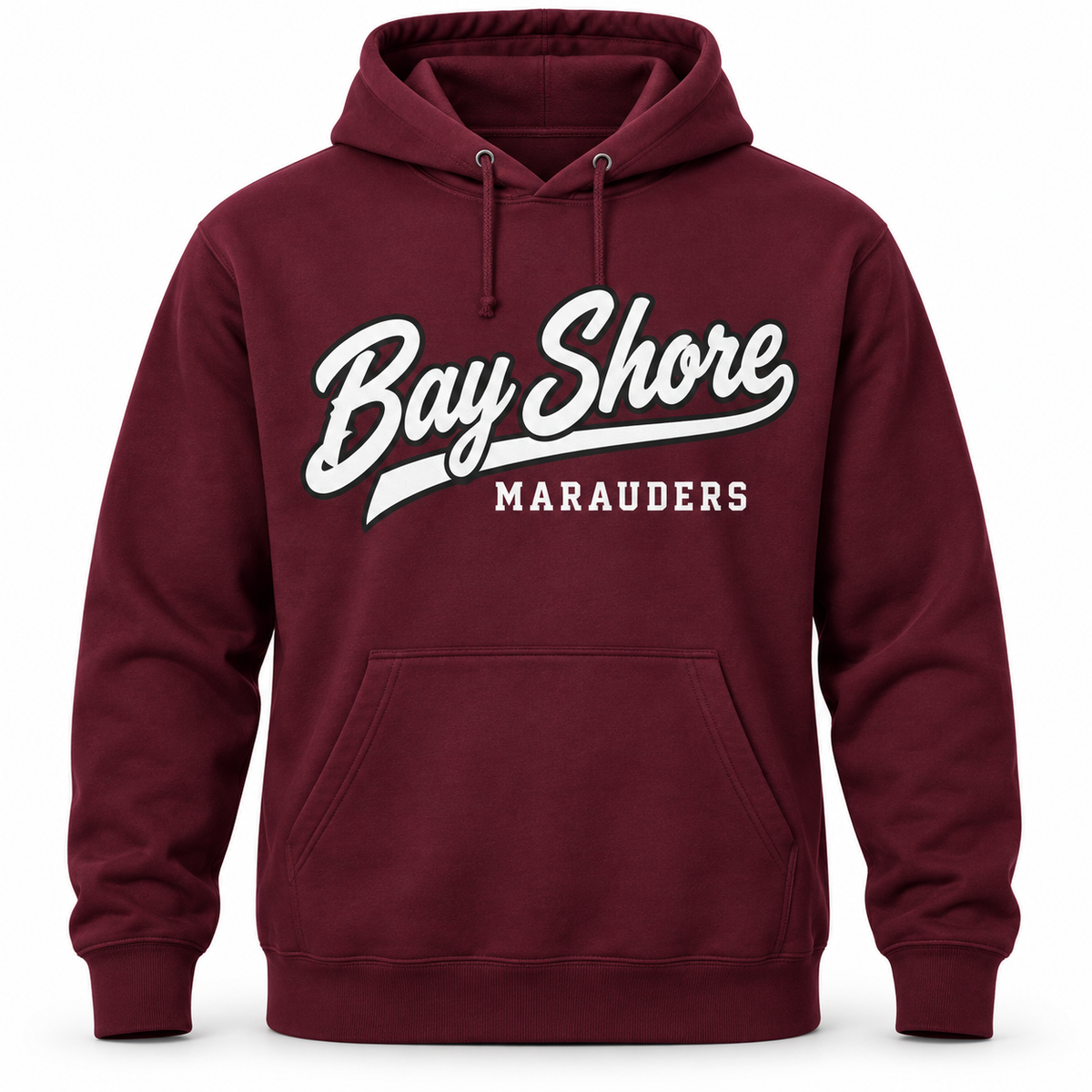 Bay Shore Marauders Script Pullover Hoodie in Maroon, front view