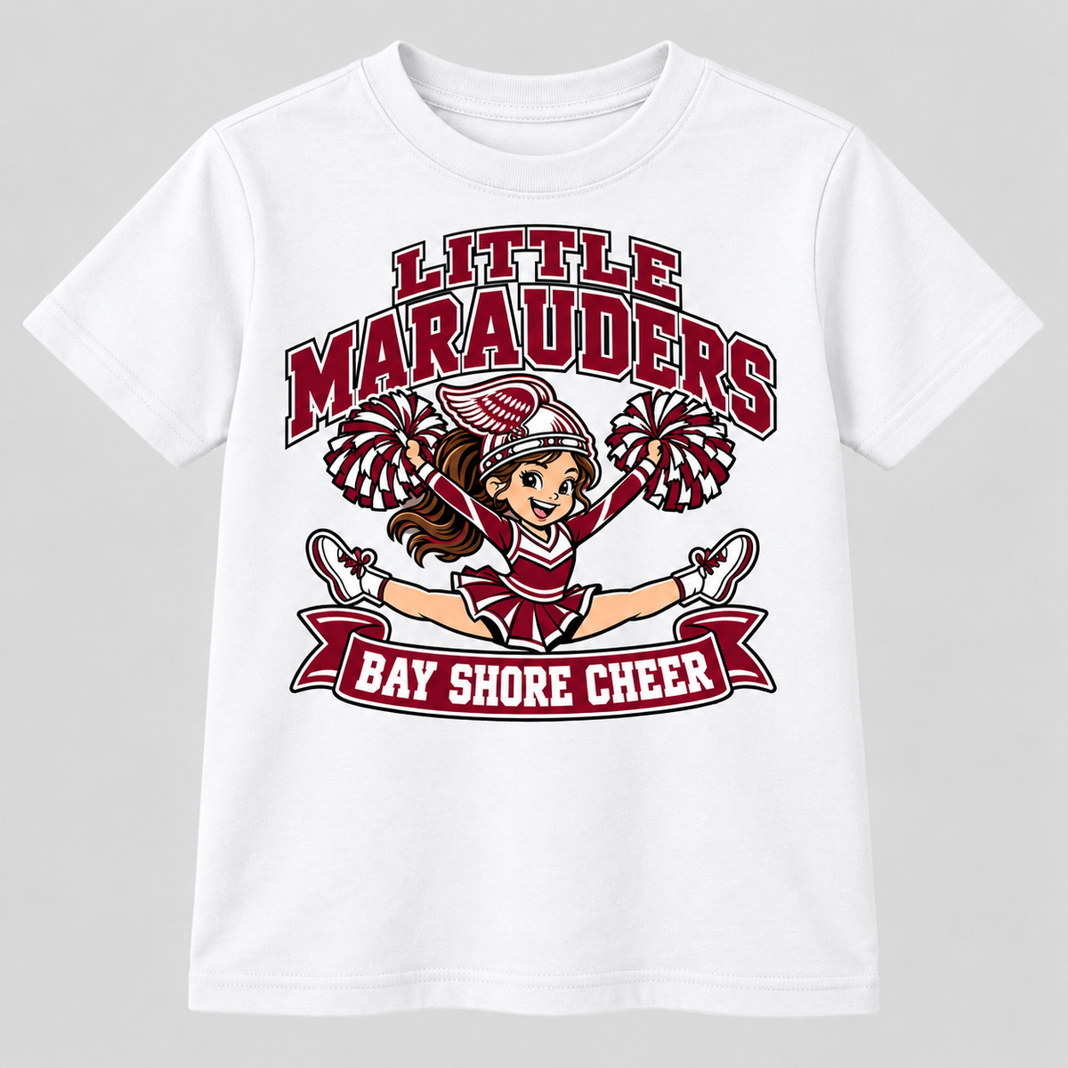 Bay Shore Little Marauders winged-helmet youth cheer T-shirt in White, front view