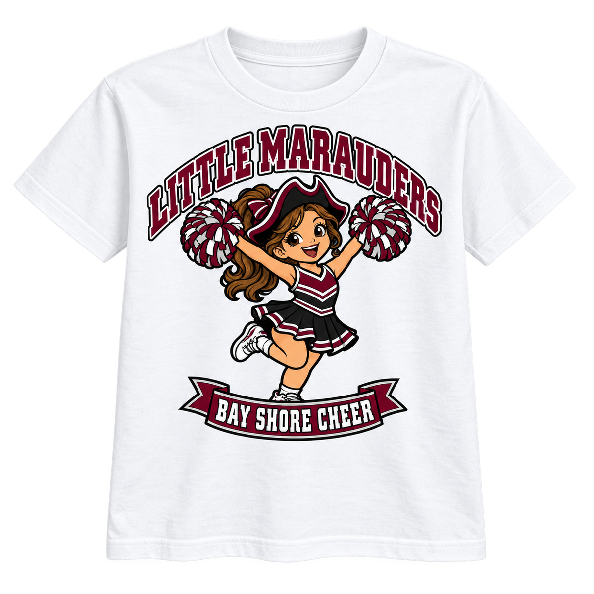 Bay Shore Little Marauders youth cheer T-shirt in White, front view