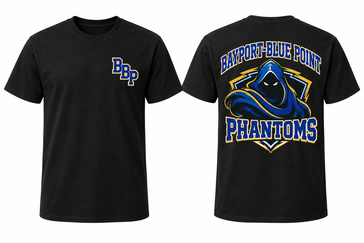 BAYPORT-BLUE POINT PHANTOMS black tee front and back