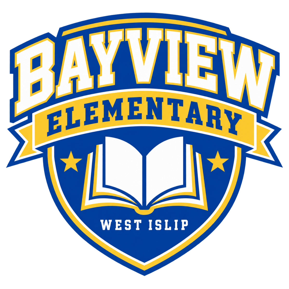Detail of the Bayview Elementary West Islip book crest, approximately 4 inches wide on the garment