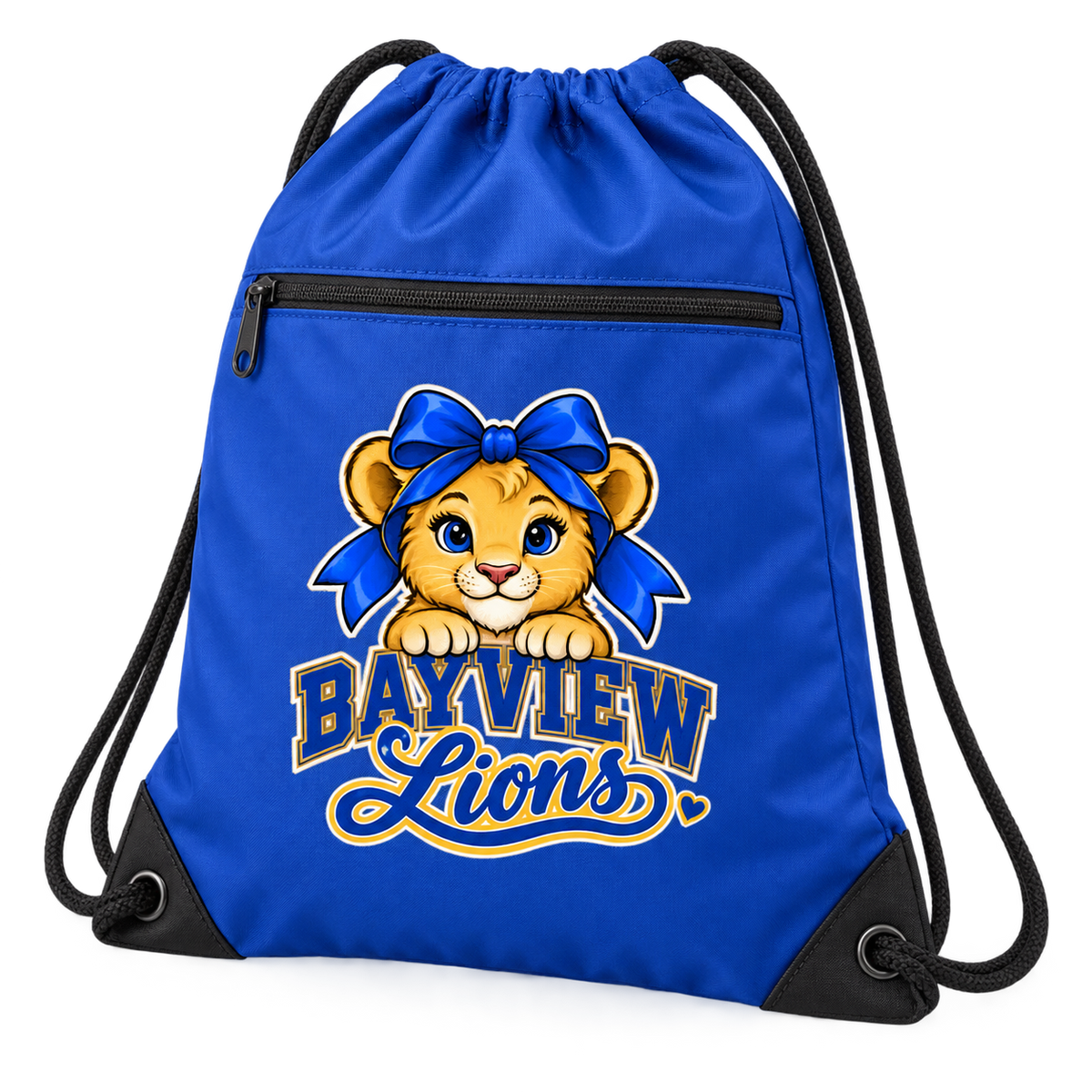 Royal Blue Bayview Elementary drawstring backpack with golden bow lion print, West Islip