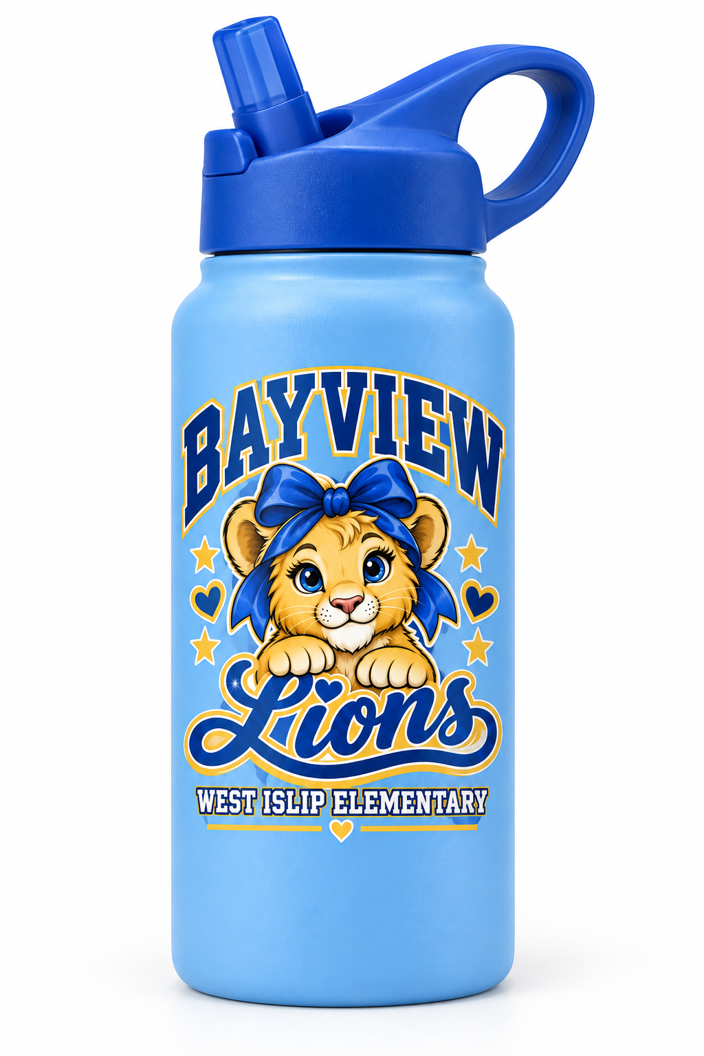 Light Blue Bayview Elementary kids water bottle with golden bow lion print, West Islip