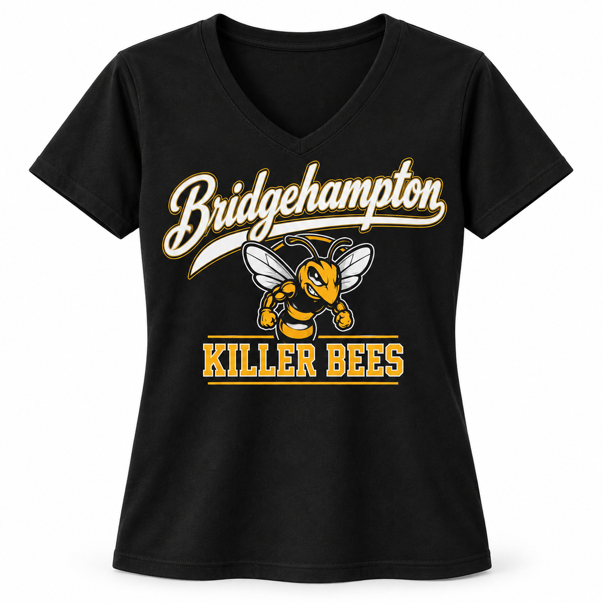 Bridgehampton Killer Bees Women's Script V-Neck Tee in Black, front view
