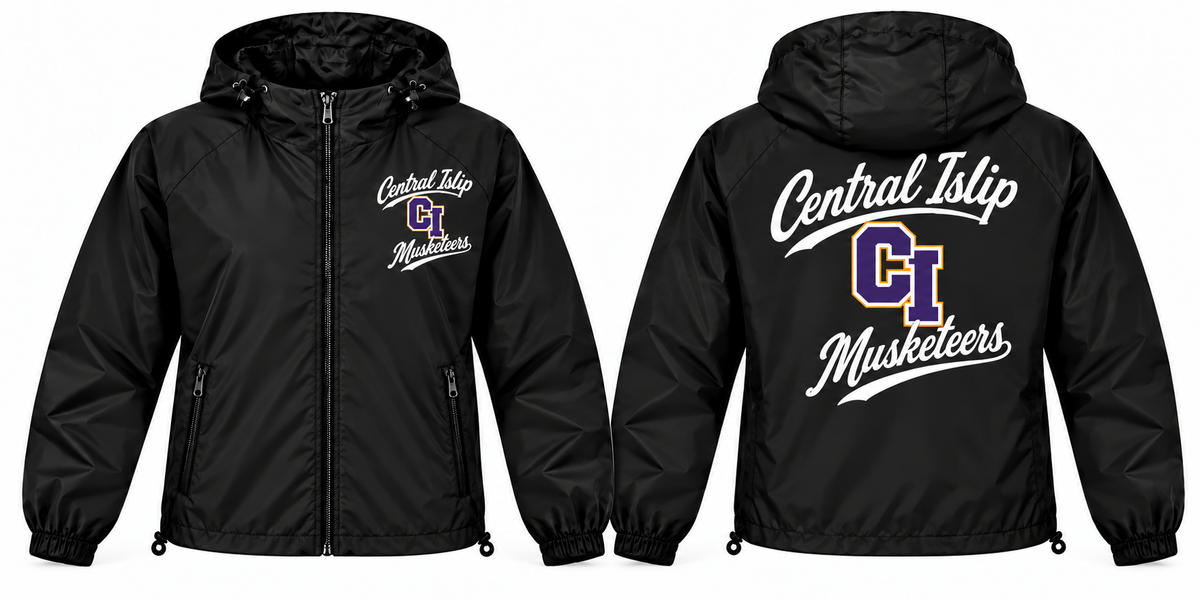 Central Islip Musketeers black full-zip windbreaker front and back