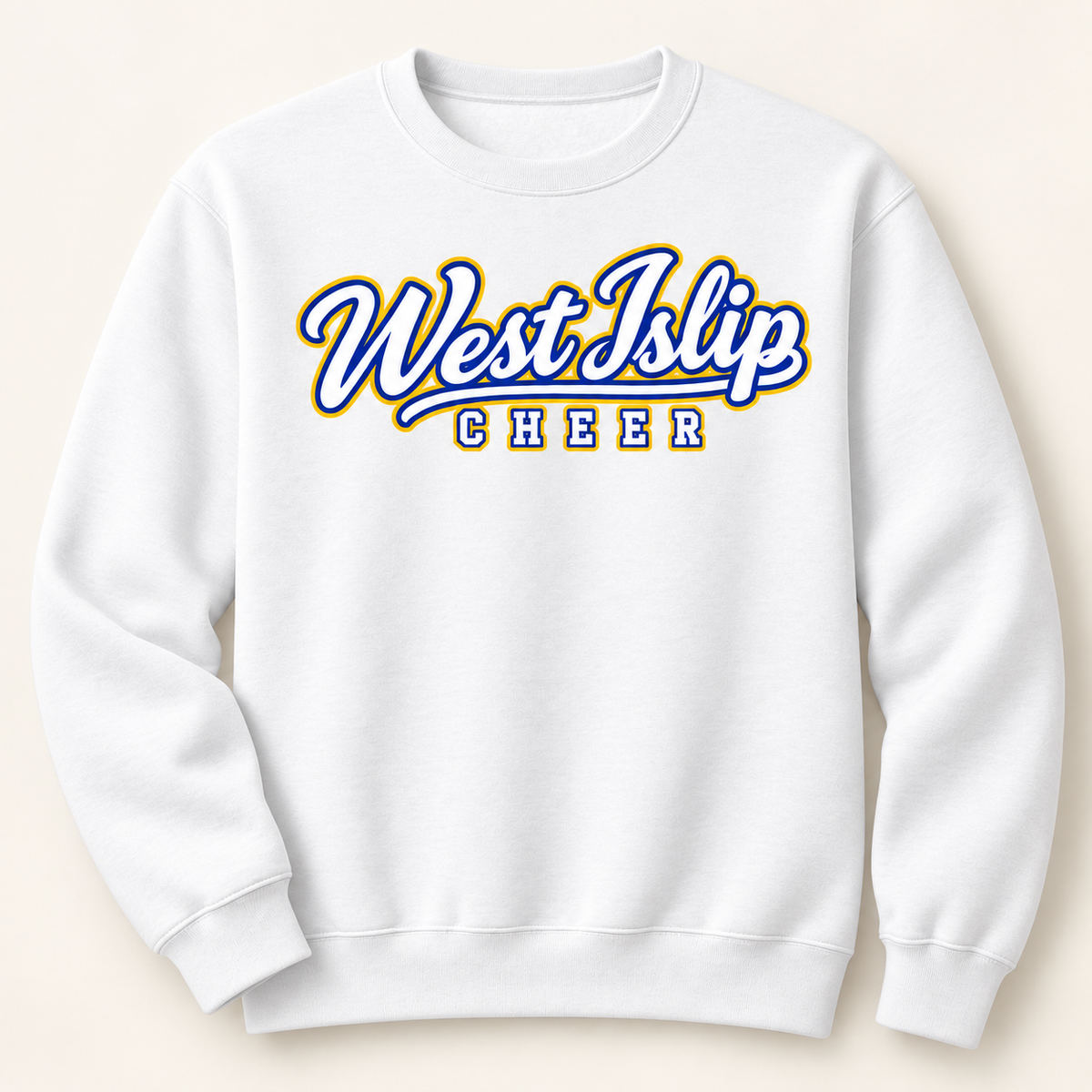 West Islip Cheer script adult crewneck in White