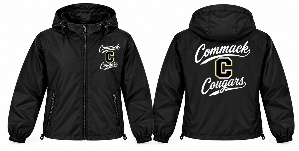 Commack Cougars black full-zip windbreaker front and back
