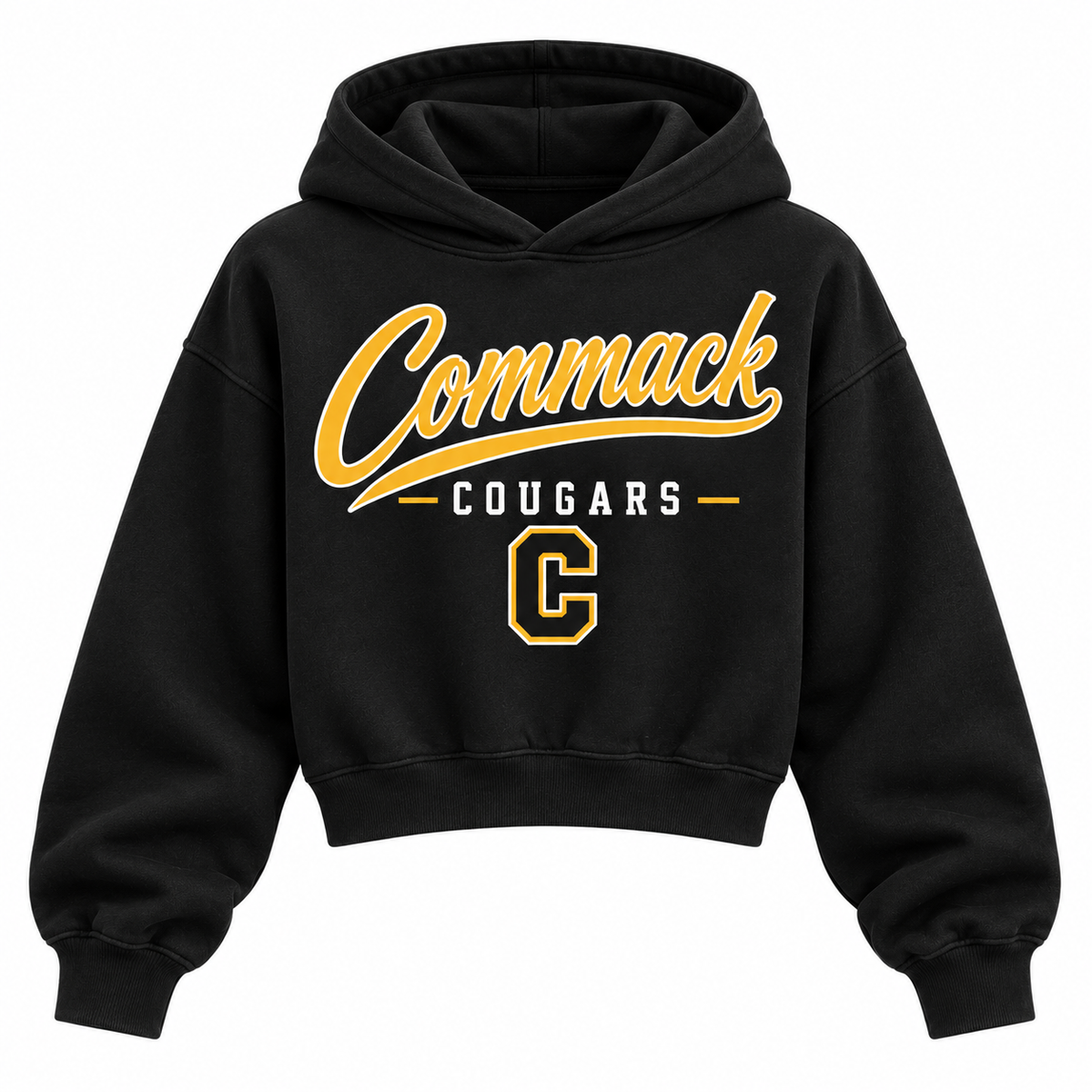 Commack Cougars black cropped hoodie with heritage school script and varsity monogram on front