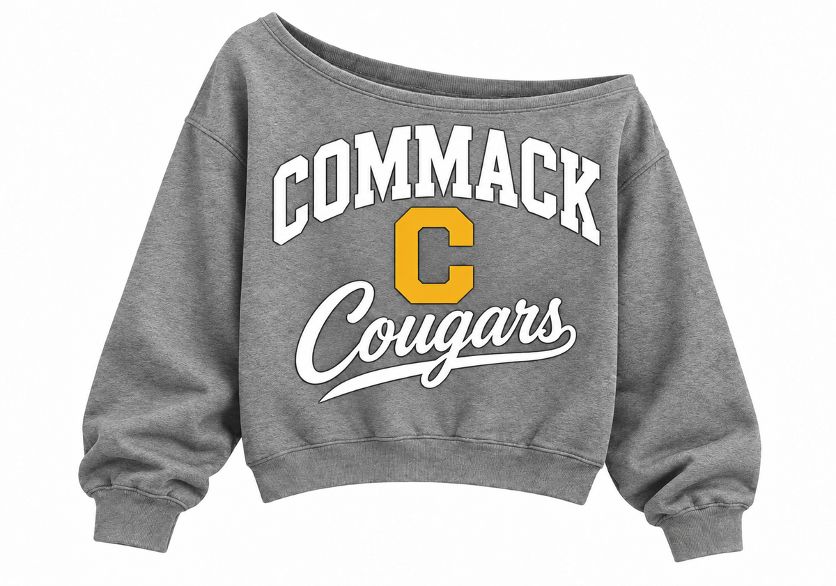 Commack Cougars Stacked C Script Wide-Neck Crop Sweatshirt — Heather Gray