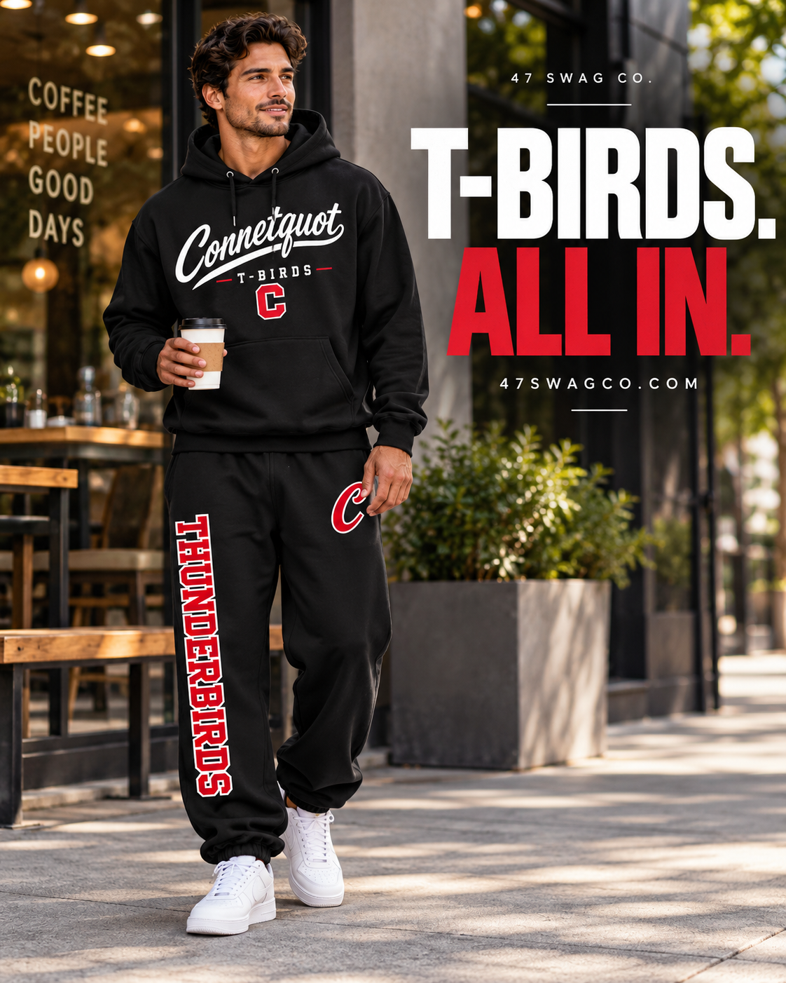 Heritage hoodie and baggy sweatpants on adult model