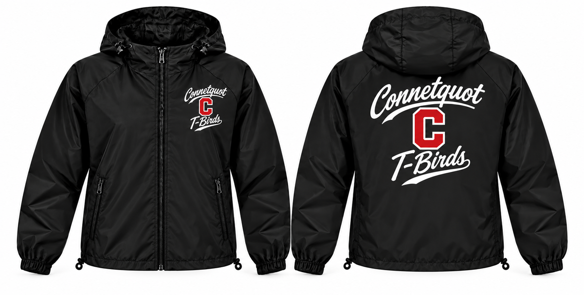 Connetquot T-Birds black full-zip windbreaker front and back