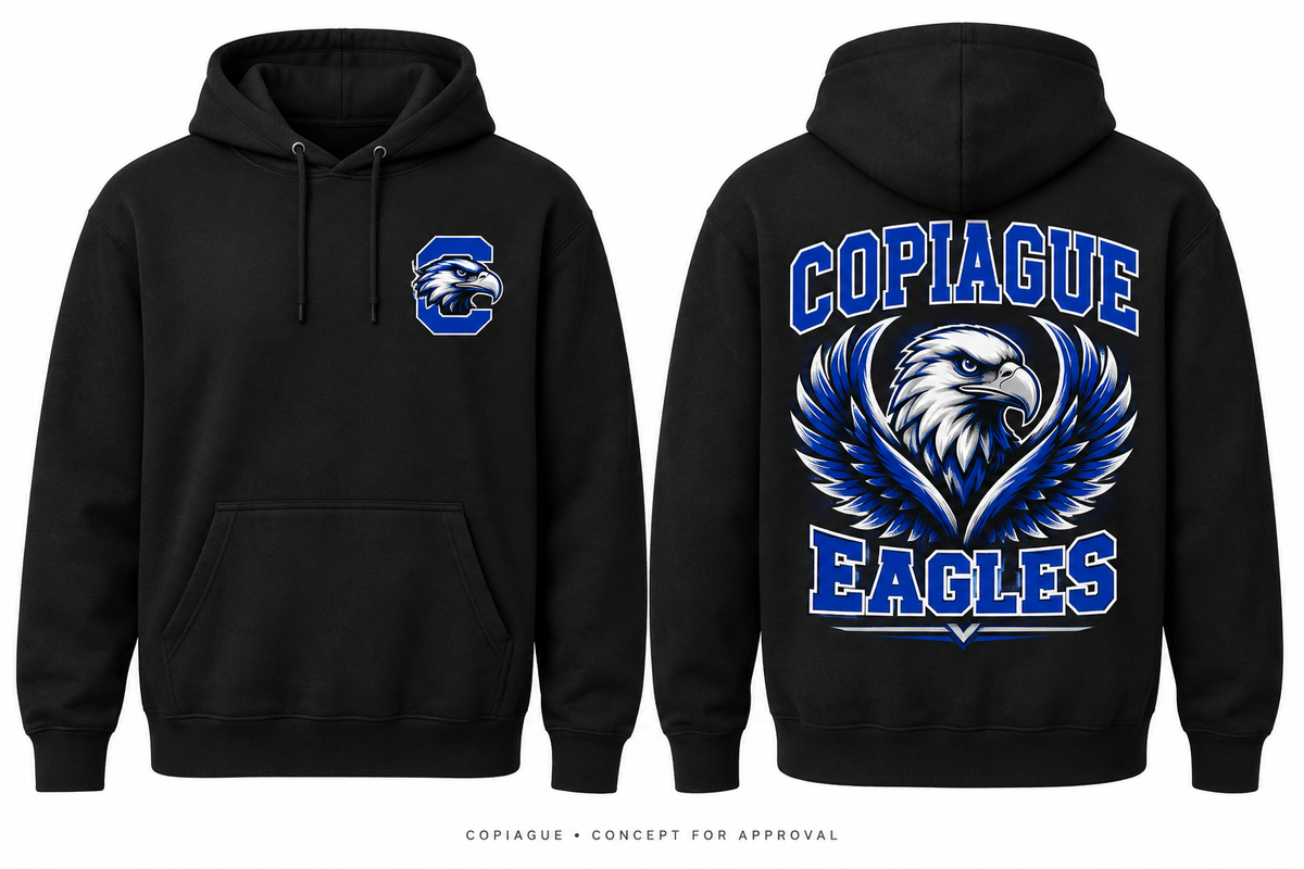 Copiague Eagles black hoodie front and back concept