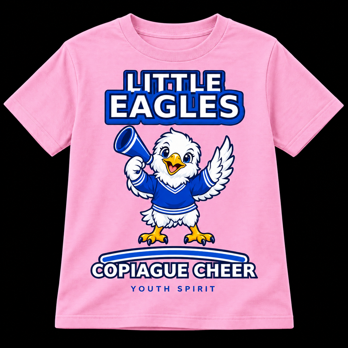 Candy Pink Copiague Little Eagles youth cheer T-shirt with original megaphone eagle artwork