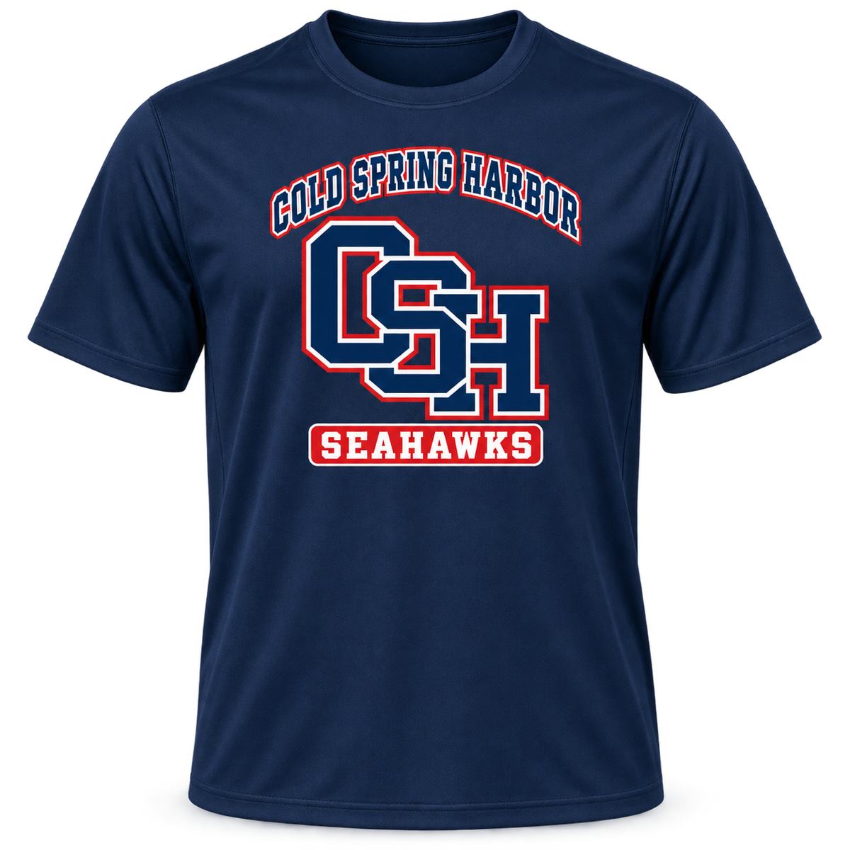Cold Spring Harbor Seahawks Training Performance Tee in True Navy; center front print — digital mockup
