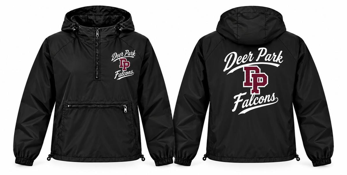 Deer Park Falcons regular full-length black windbreaker front and back