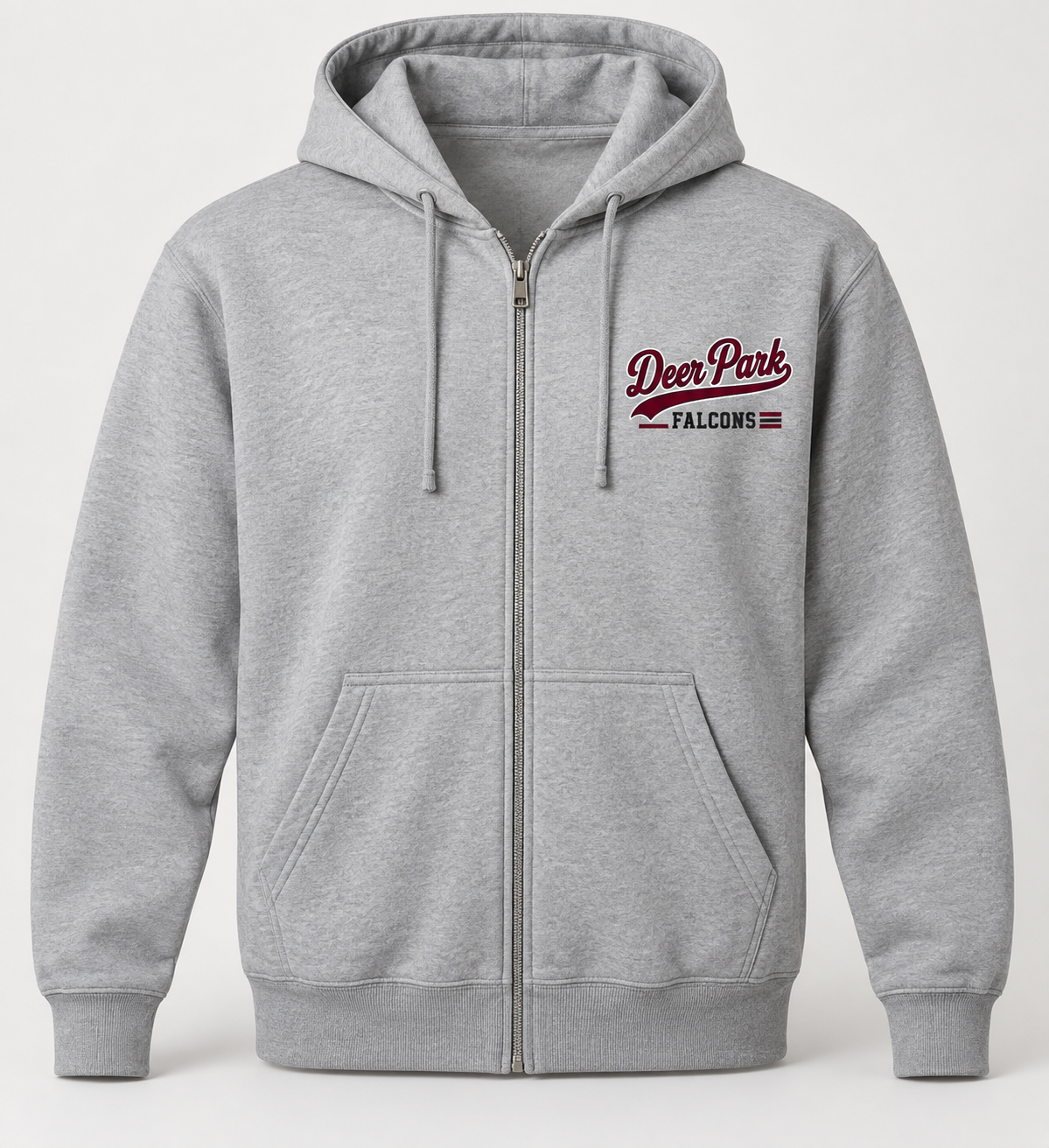Deer Park Falcons Heritage Script Zip Hoodie in Heather Gray — front view