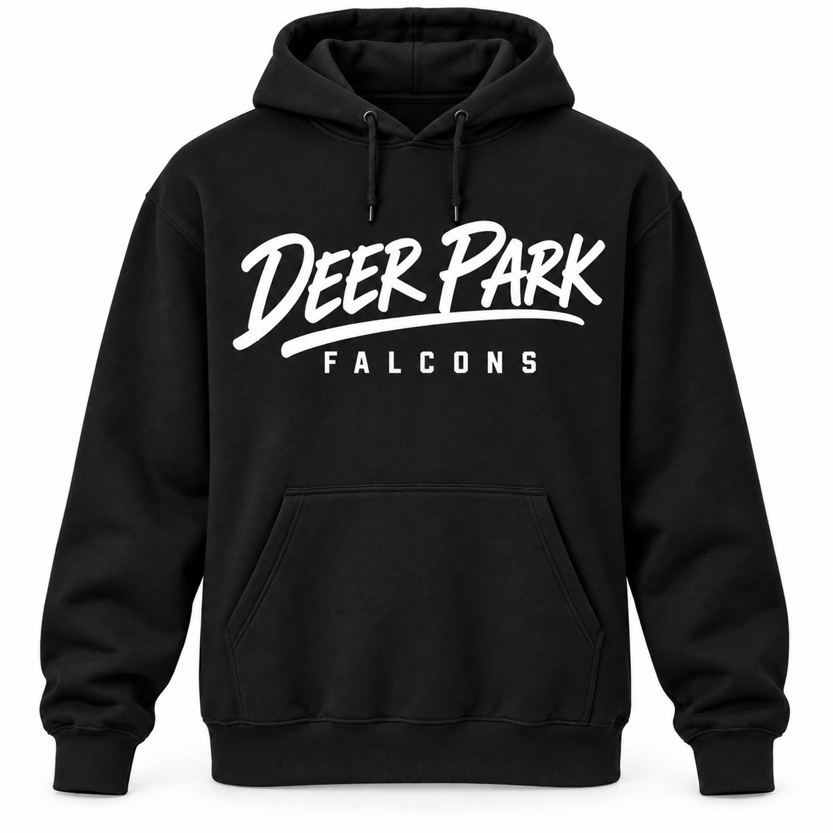 Black Deer Park Falcons Script unisex pullover hoodie with white chest lettering