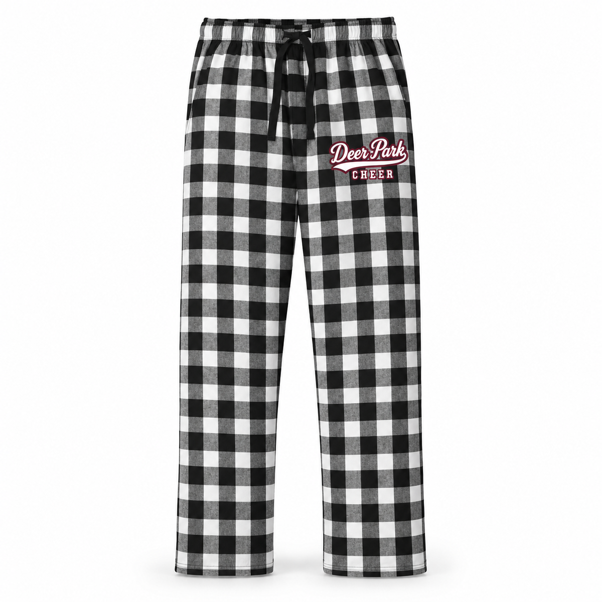 Deer Park Cheer Black/White Buffalo Check flannel pajama pants with collegiate script