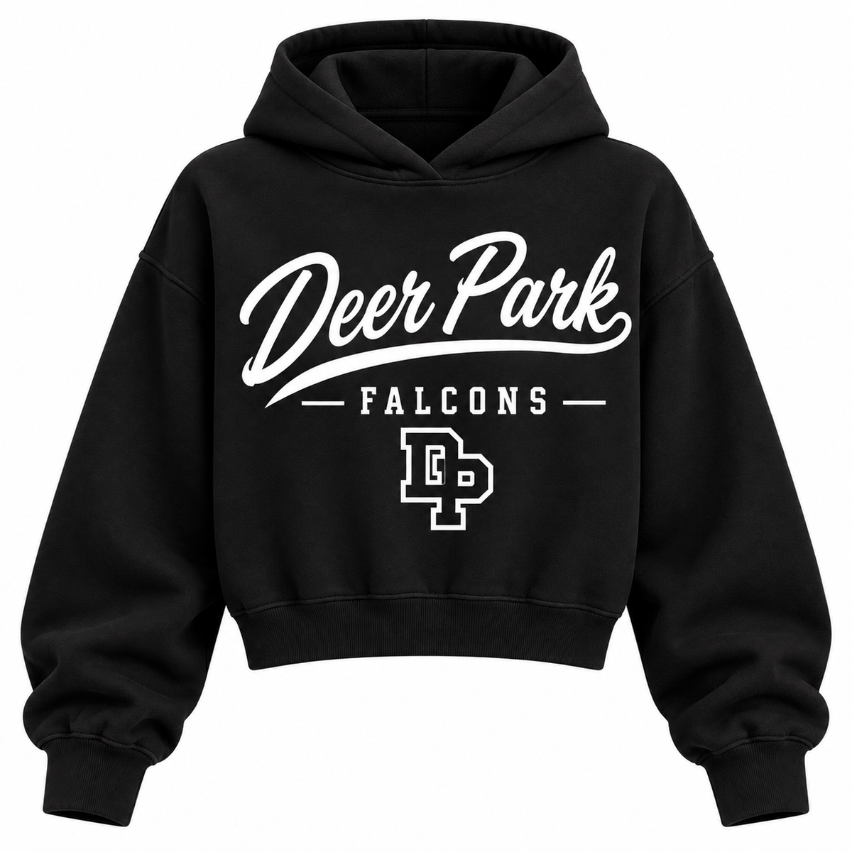 Deer Park Falcons black cropped hoodie with heritage school script and varsity monogram on front