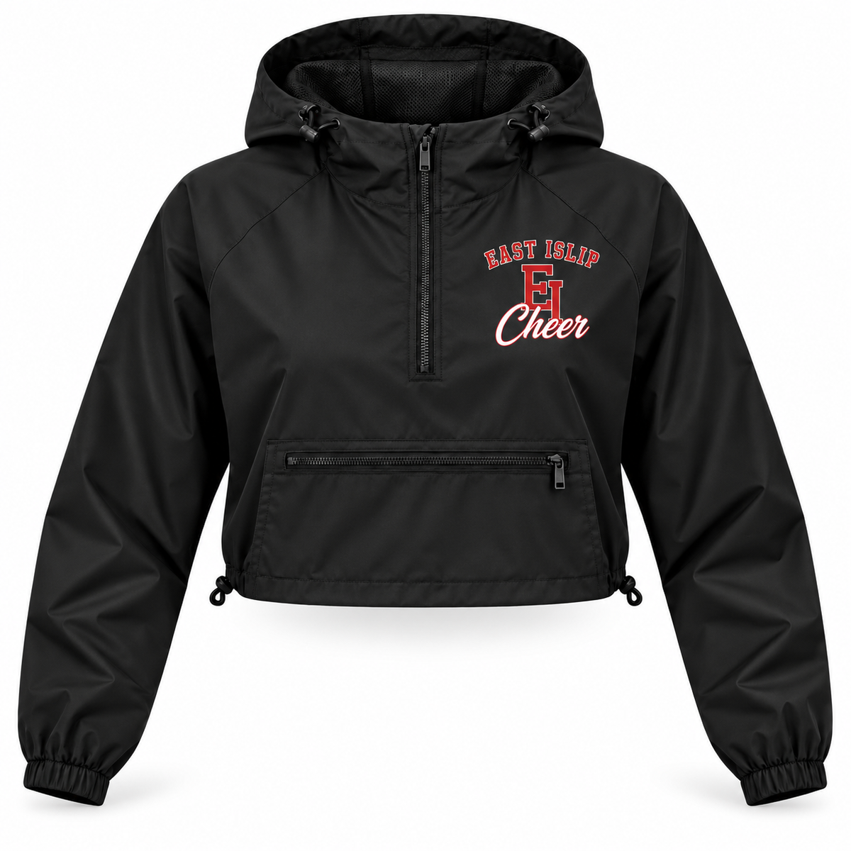 East Islip Cheer women's black Classic Monogram cropped quarter-zip windbreaker, front chest print
