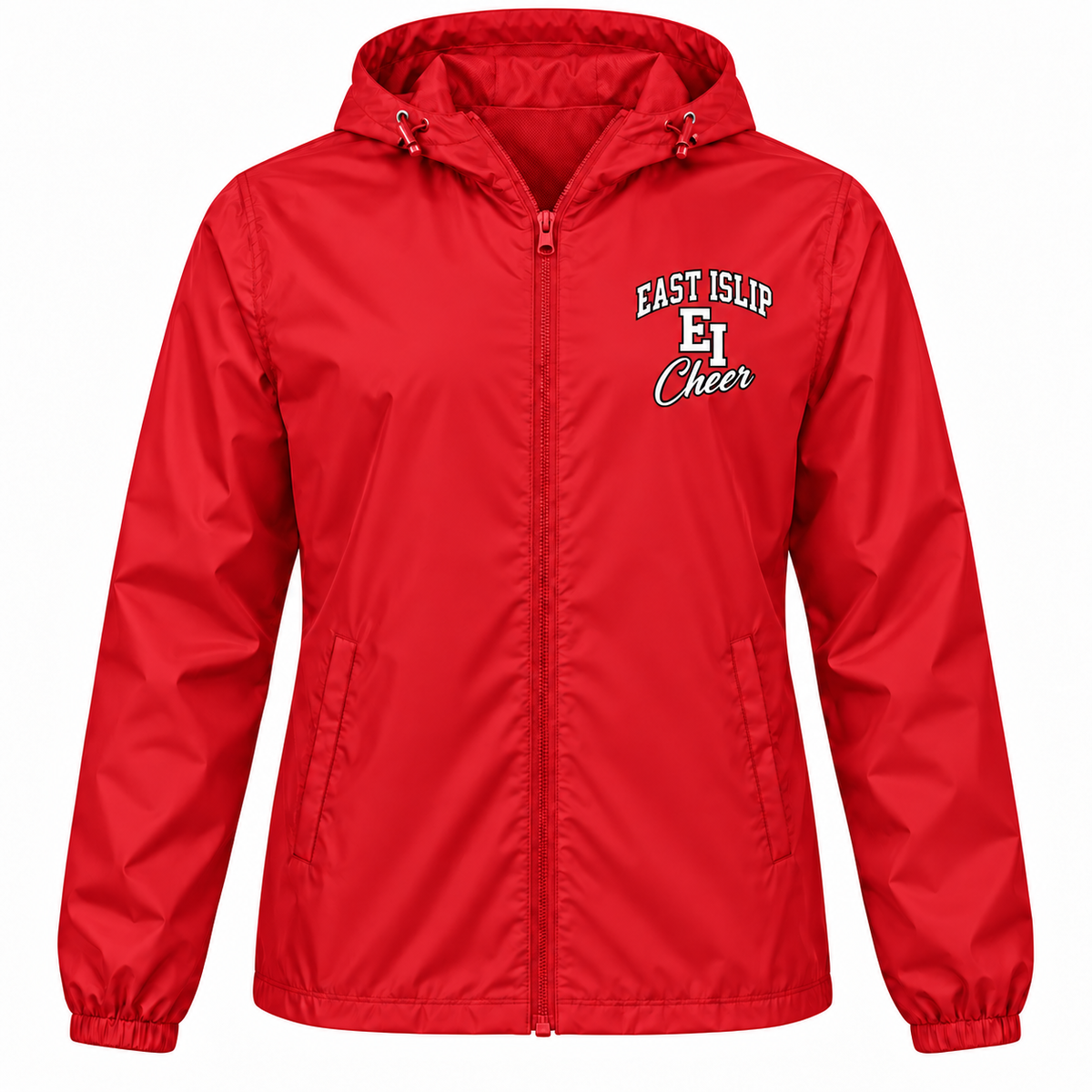 East Islip Cheer unisex red full-zip windbreaker with white Classic Monogram left chest print