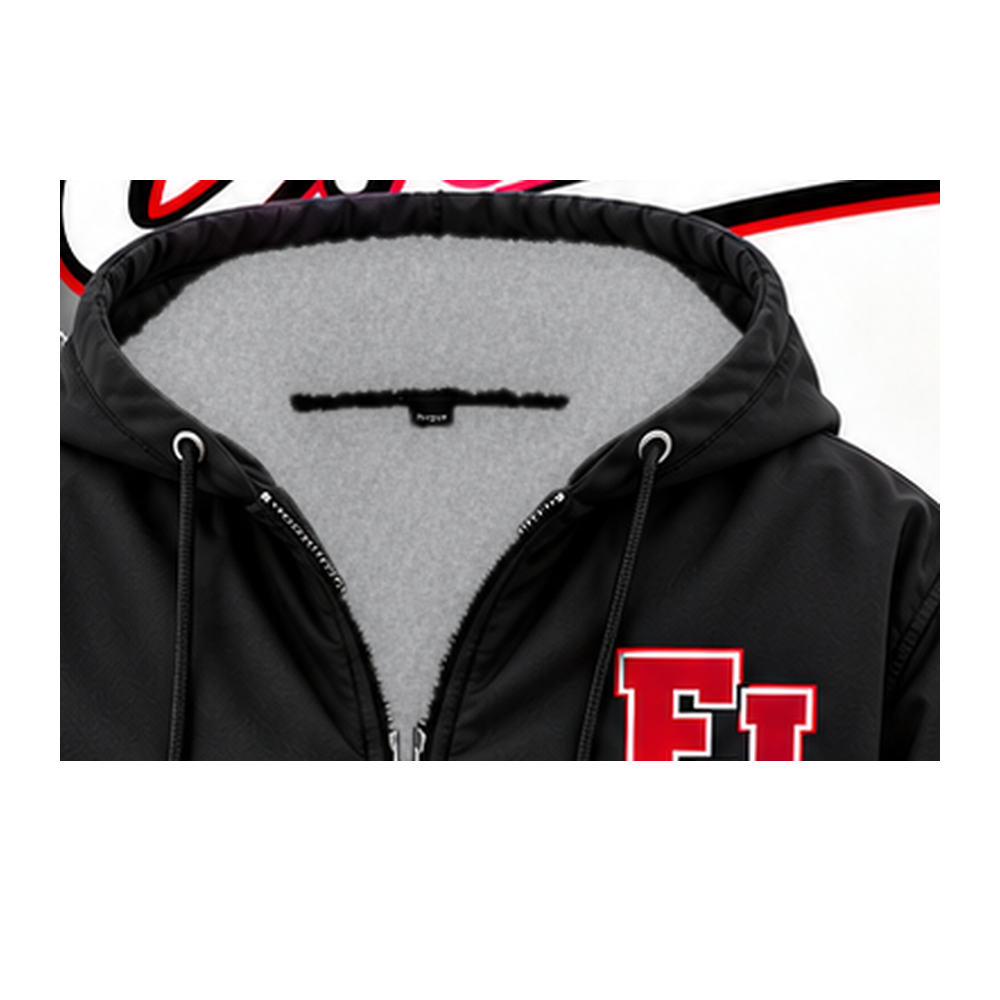 Heather gray sweatshirt-style fleece lining inside black East Islip cheer jacket hood; smooth flat fleece, not sherpa