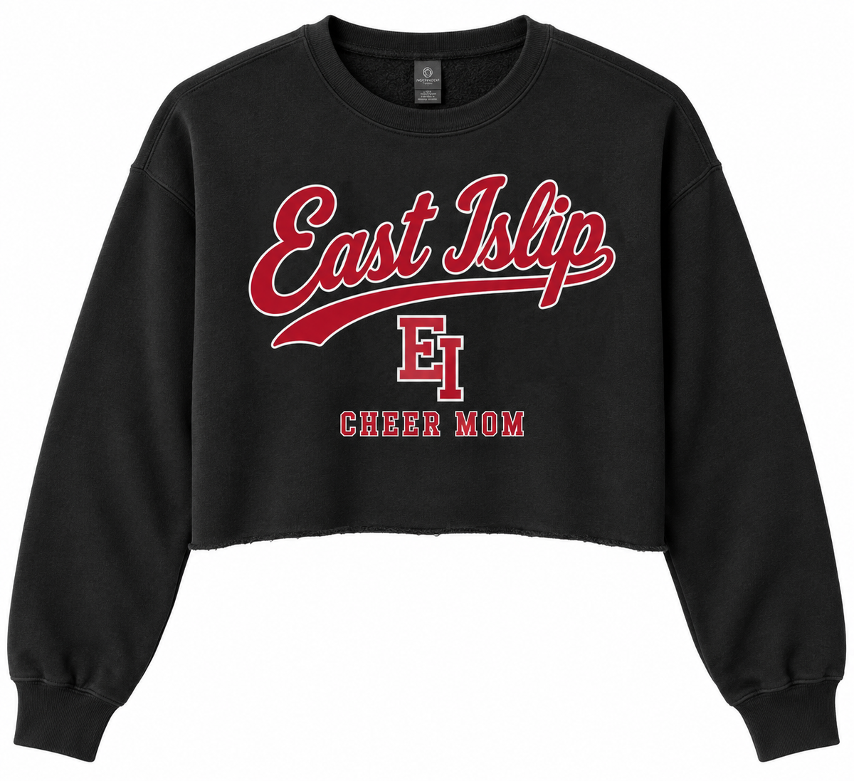 East Islip Cheer Mom Heritage Script Cropped Crewneck in Black