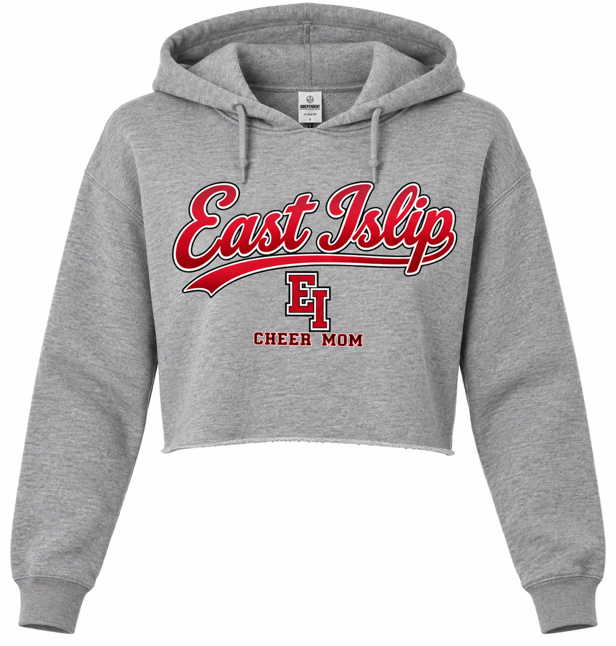 East Islip Cheer Mom Heritage Script Cropped Hoodie in Grey Heather