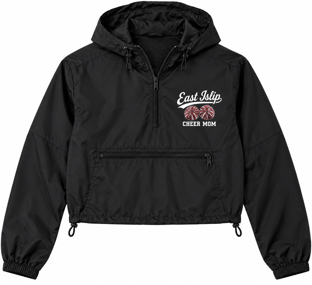 East Islip Cheer Mom Pom-Pom Script Crop Windbreaker in Black