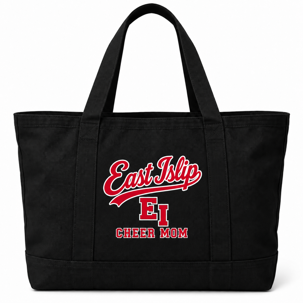 East Islip Cheer Mom Heritage Script Jumbo Tote in Black