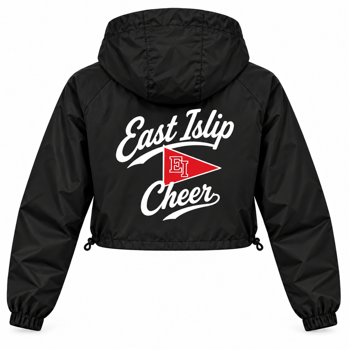 East Islip Cheer women's black Pennant Script crop windbreaker, full back print