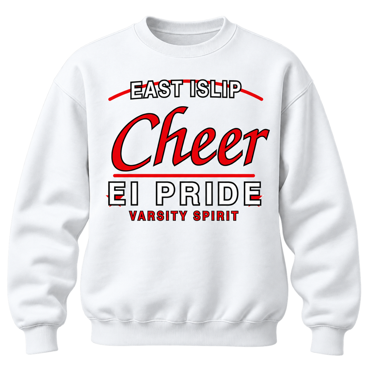 White East Islip Cheer varsity script adult crewneck with red, white and black EI Pride design
