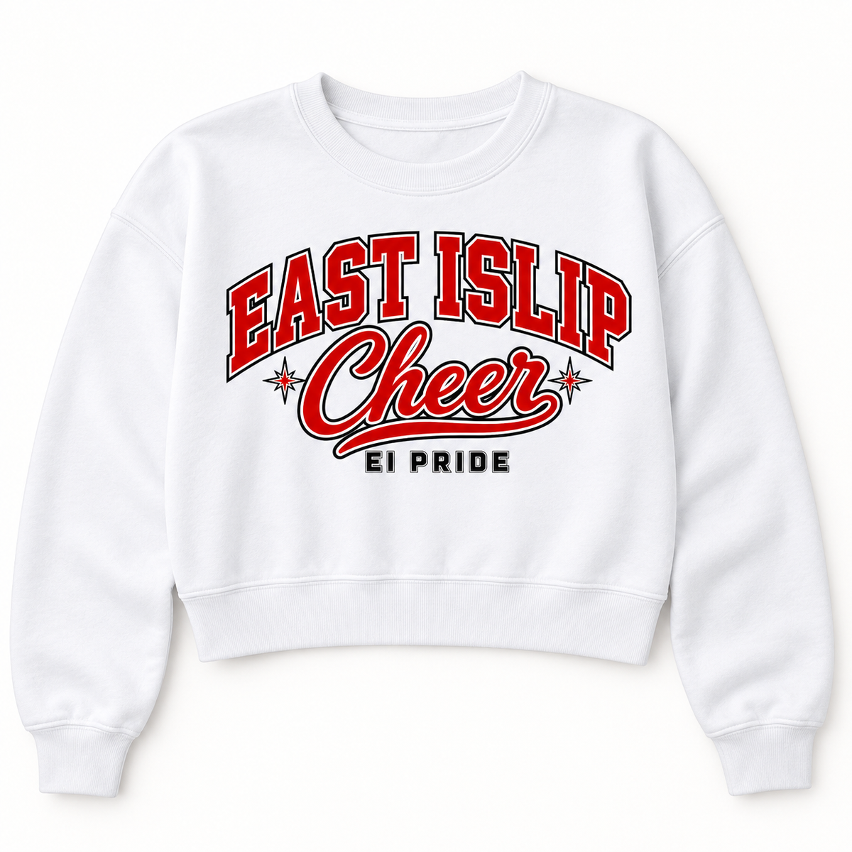East Islip Cheer women’s cropped crewneck in White, front view