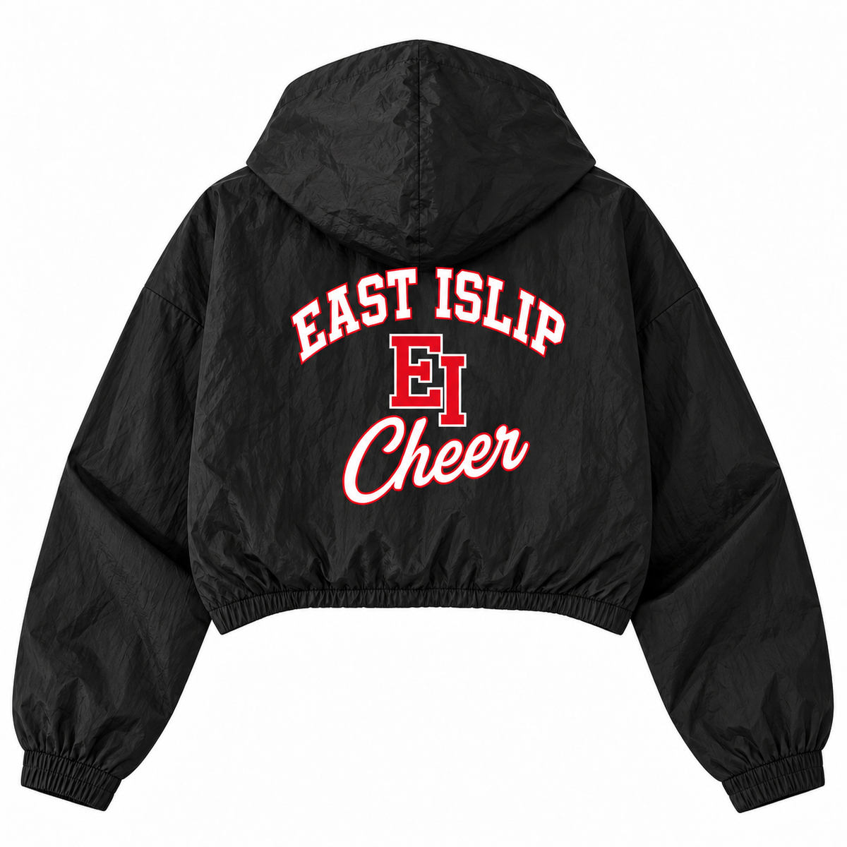 East Islip Cheer youth sideline arch black cropped full-zip windbreaker back view