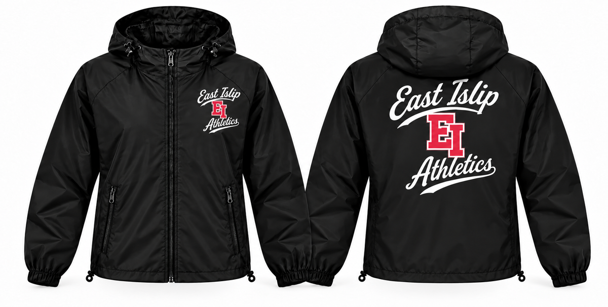 East Islip Athletics black full-zip windbreaker front and back