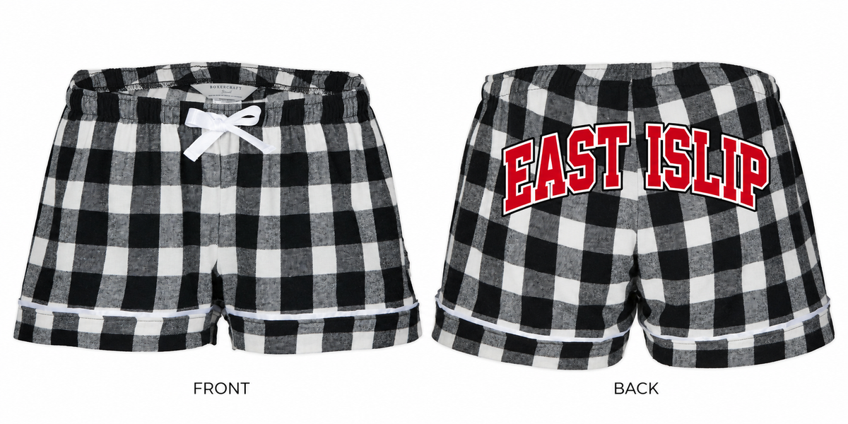 East Islip black and white buffalo plaid pajama shorts, front and rear views of one pair
