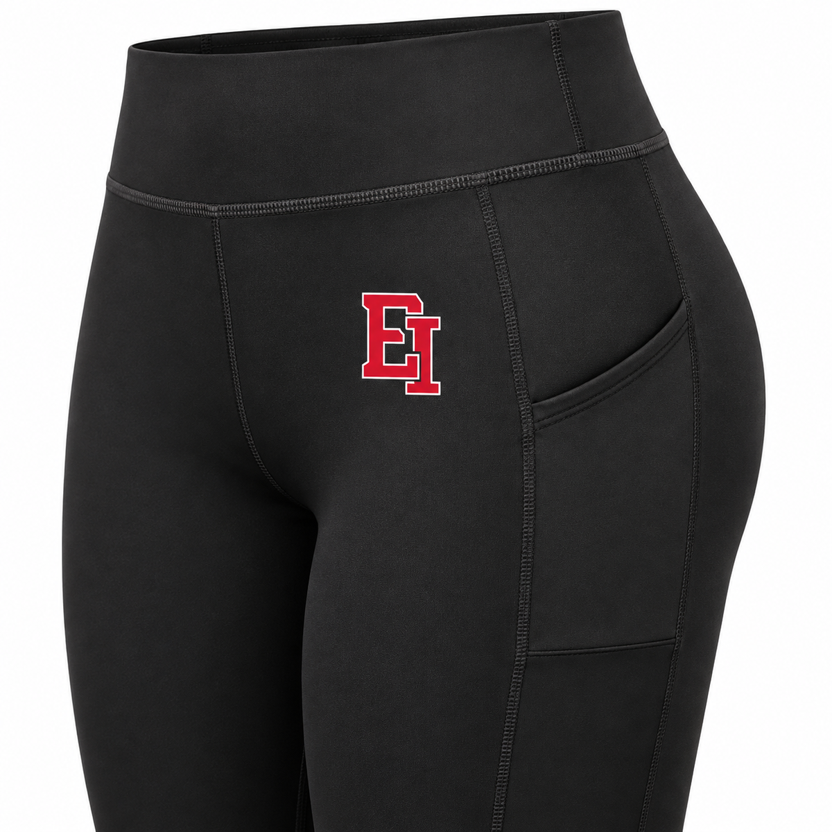 EI leggings detail showing wide flat waistband, flatlock seams and actual thigh pocket opening