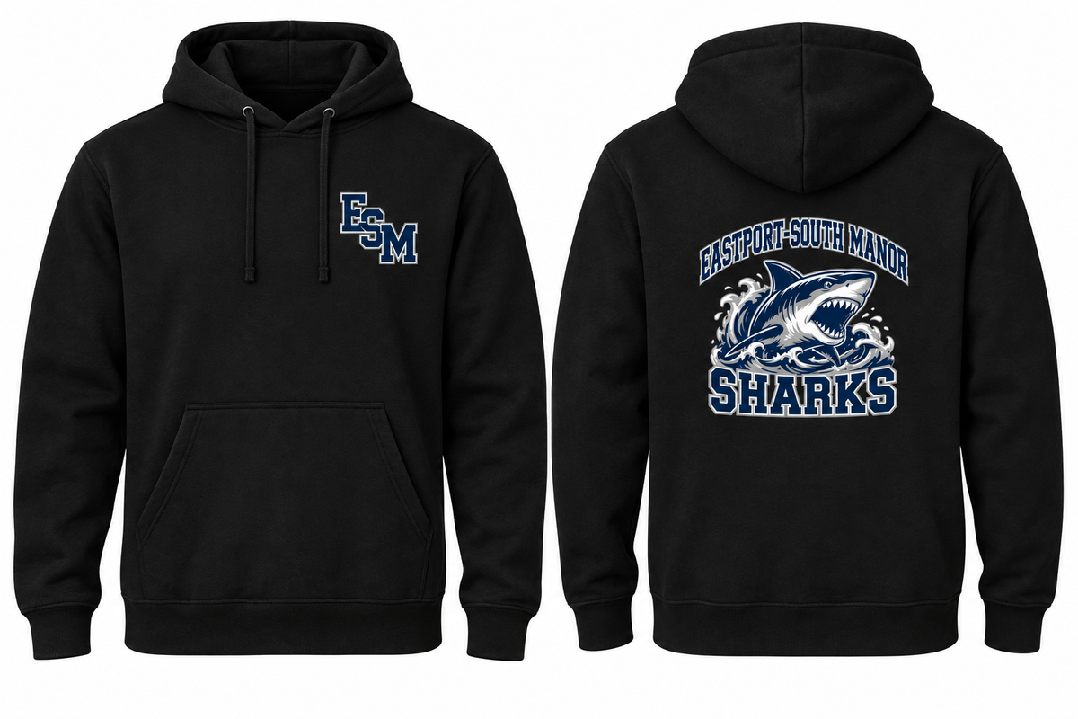 EASTPORT-SOUTH MANOR SHARKS black hoodie front and back