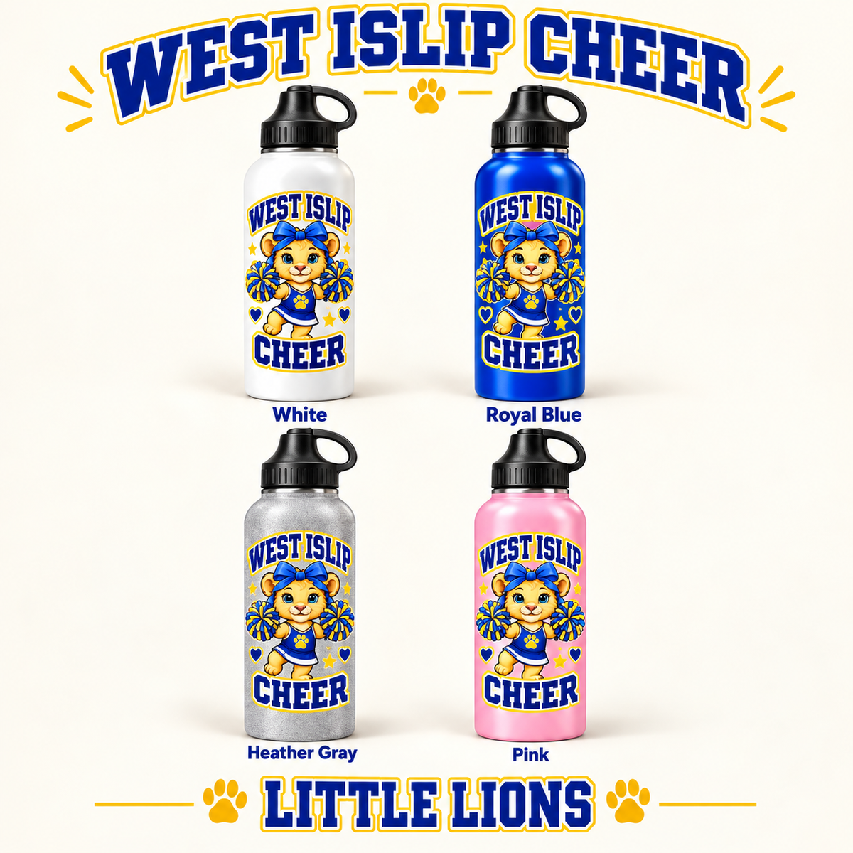 West Islip Cheer Little Lions Water Bottle in White, Royal Blue, Heather Gray and Pink