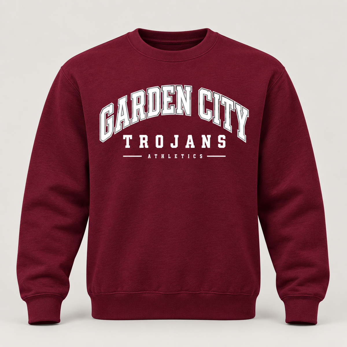 Garden City Trojans Varsity Athletics Crewneck in Maroon; design preview