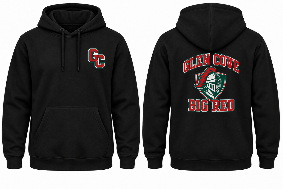 GLEN COVE BIG RED black hoodie front and back