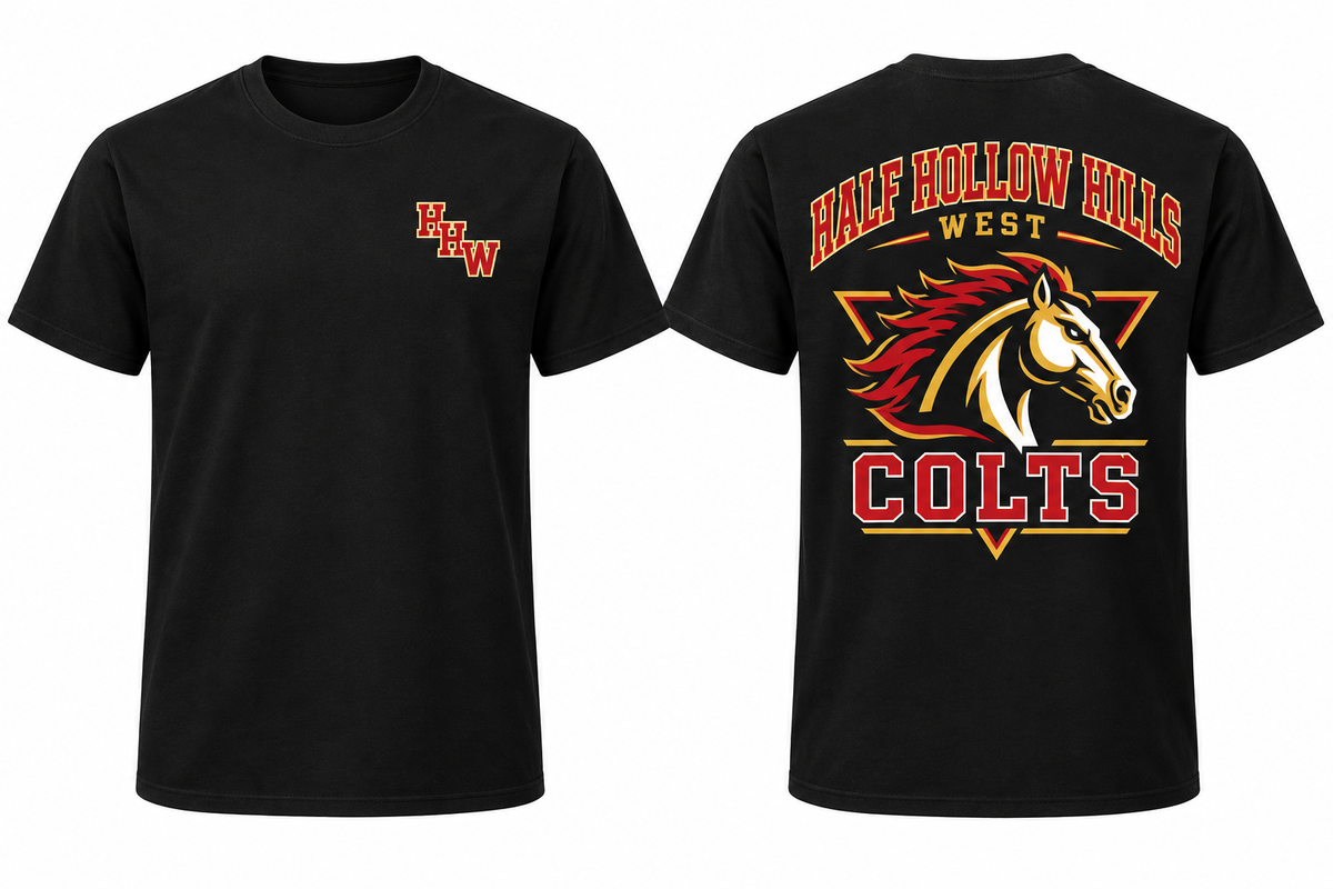 Half Hollow Hills West Colts black Tee front and back concept